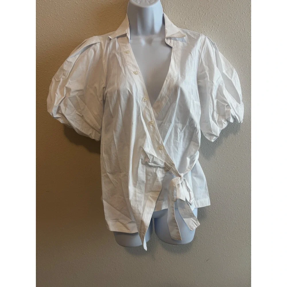 NWT Anthropologie Wrap Blouse XS White‎ Puff Sleeve Cotton Romantic Cottagecore